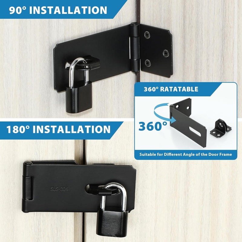 Mooche Door Lock Hasp Latch, Thicked SUS304 Stainless Steel Security Packlock Clasp Hasp Lock Latch for for Interior Door Front Door Toilet Door Barn Door Fence Door Garage Door Pet Room (Black, 4.13 Inch) - Image 3